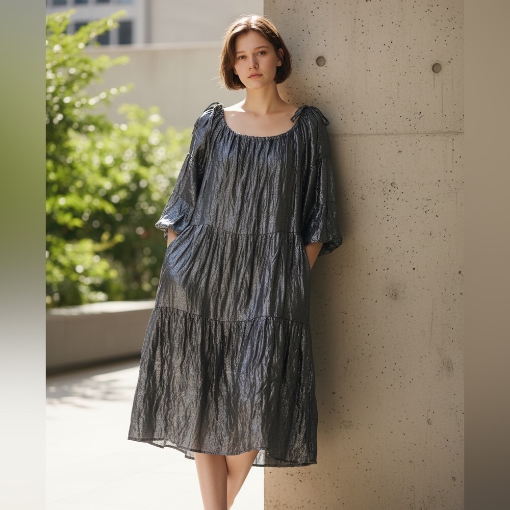 Zyga Ferry Black Linen Dress Size S Metallic Shimmer Boho Peasant Midi
